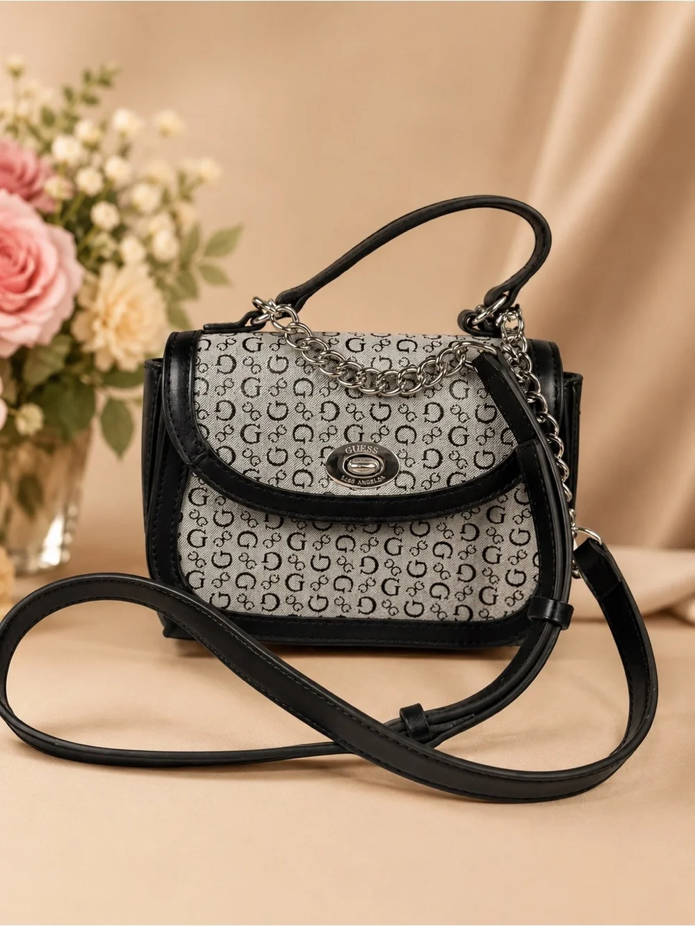 GUESS Black and Gray Logo-Print Mini Crossbody with Chain